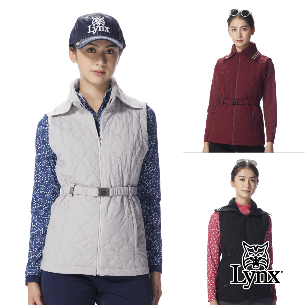 【Lynx Golf】女款長版鋪棉防潑水可拆領菱形格紋腰間扣帶設計拉鍊背心