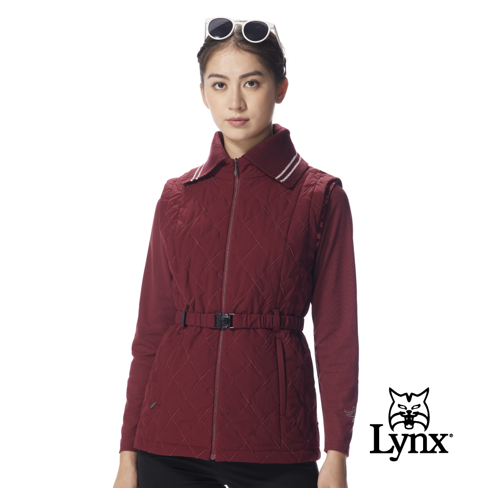 【Lynx Golf】女款長版鋪棉防潑水可拆領菱形格紋腰間扣帶設計拉鍊背心