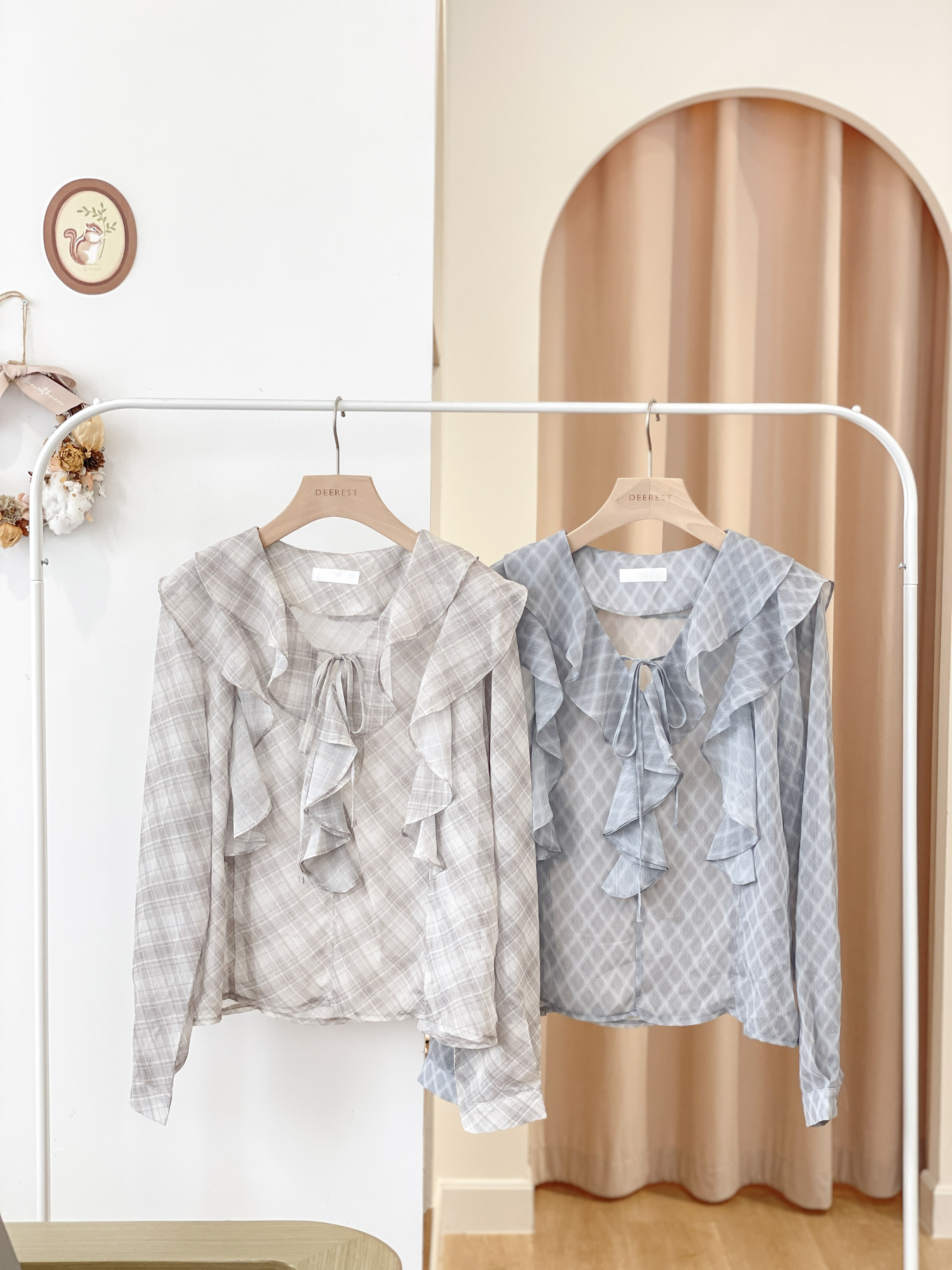 T1374 Slate Ruffle Checkered Blouse