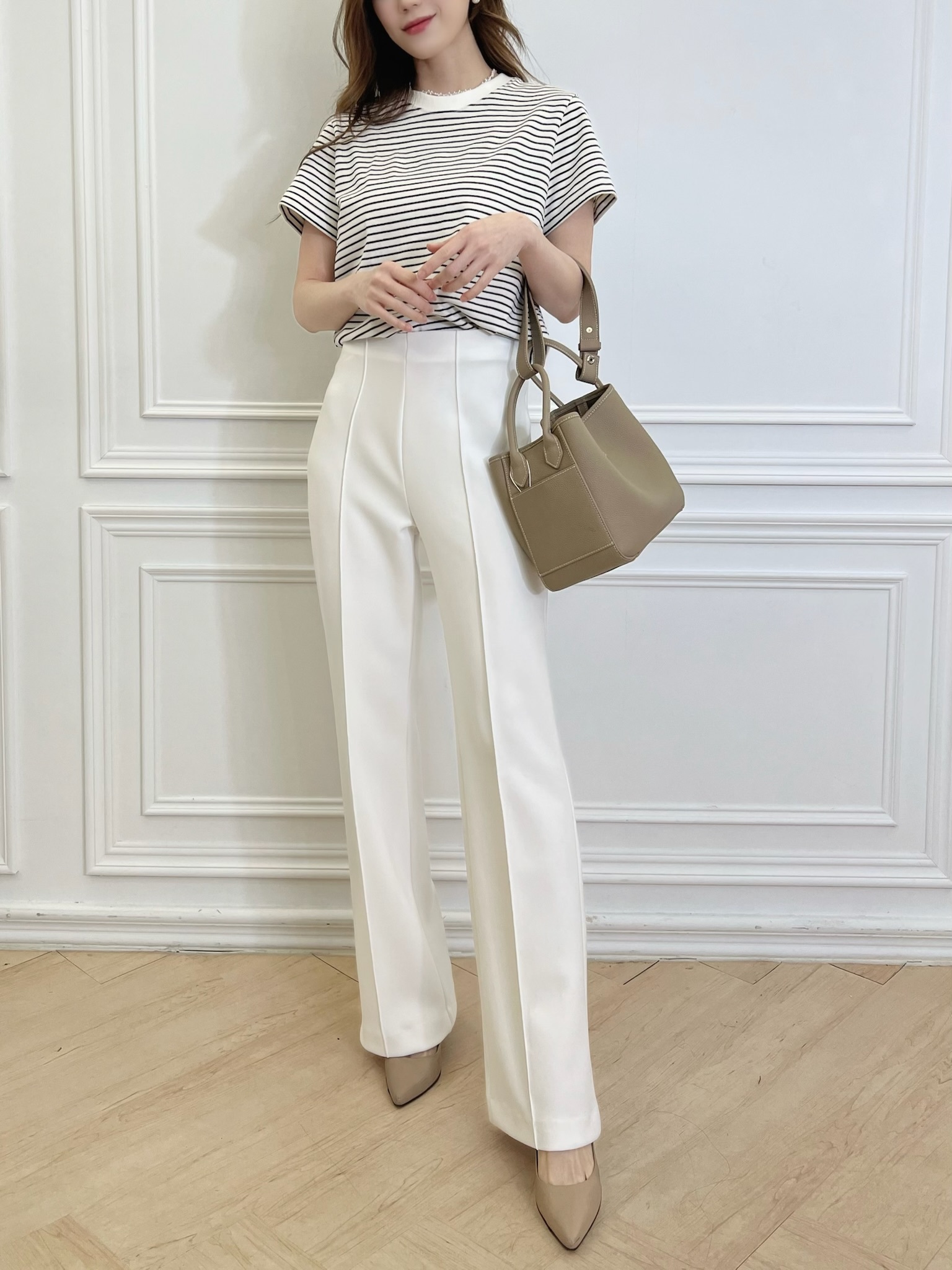 立體折線彈性白褲