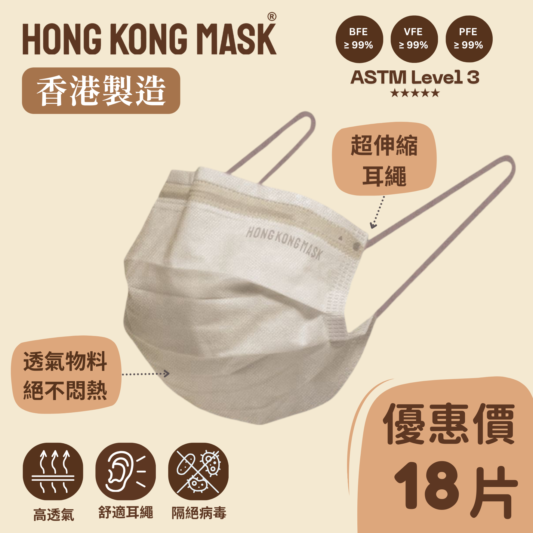 成人口罩 (18片裝) - 樸素米色 【香港製造】