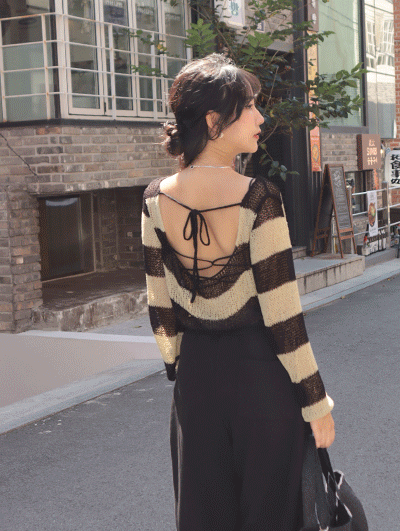 25G105本期&自留推薦 練習生後綁帶條紋鏤空針織上衣