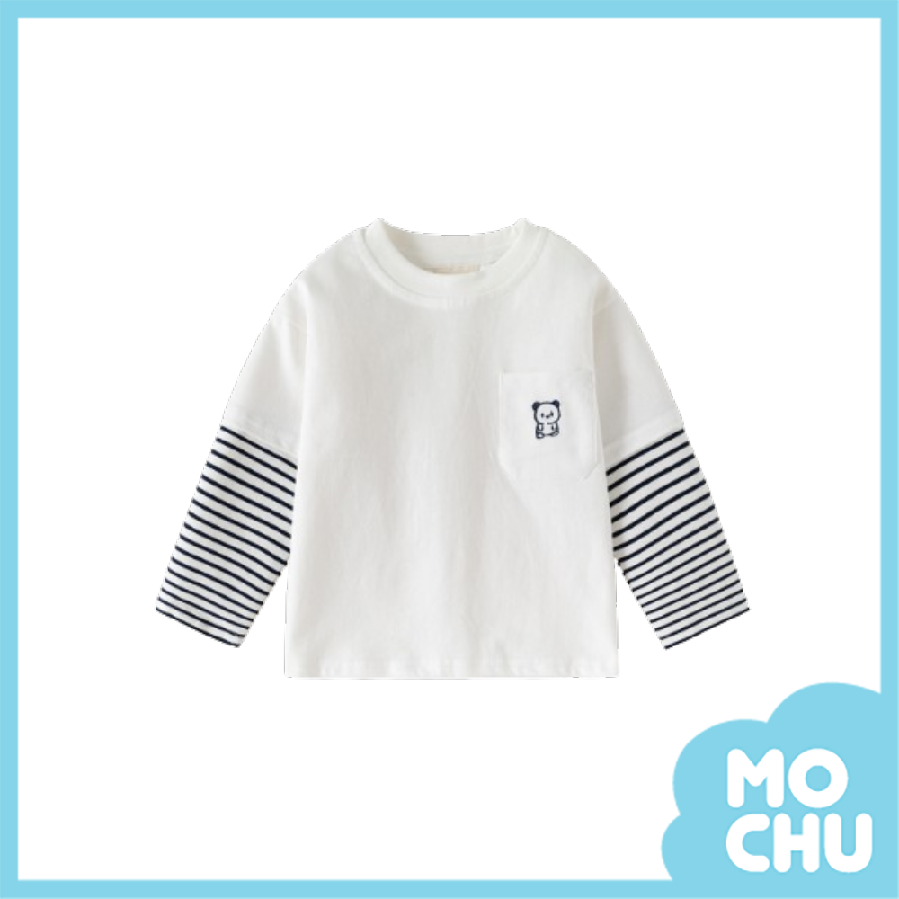 小熊條紋拼接袖長袖上衣(二色)