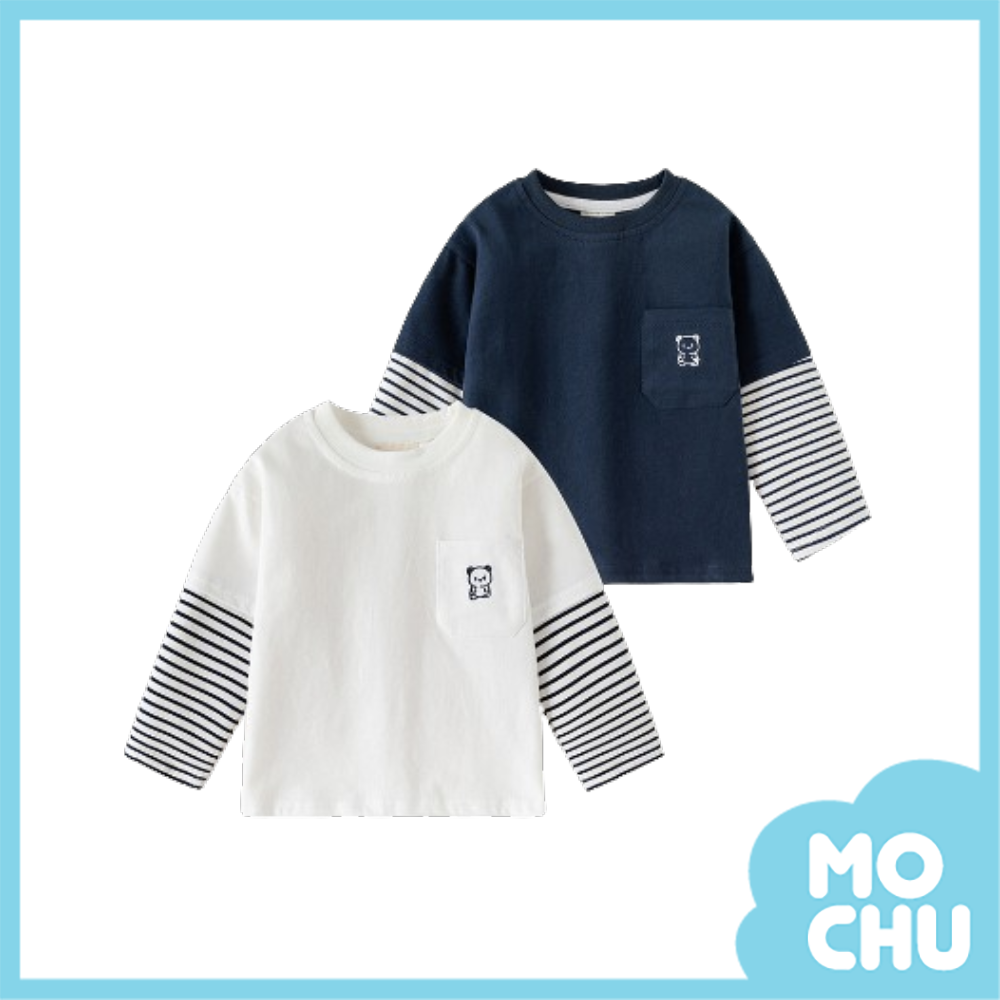 小熊條紋拼接袖長袖上衣(二色)