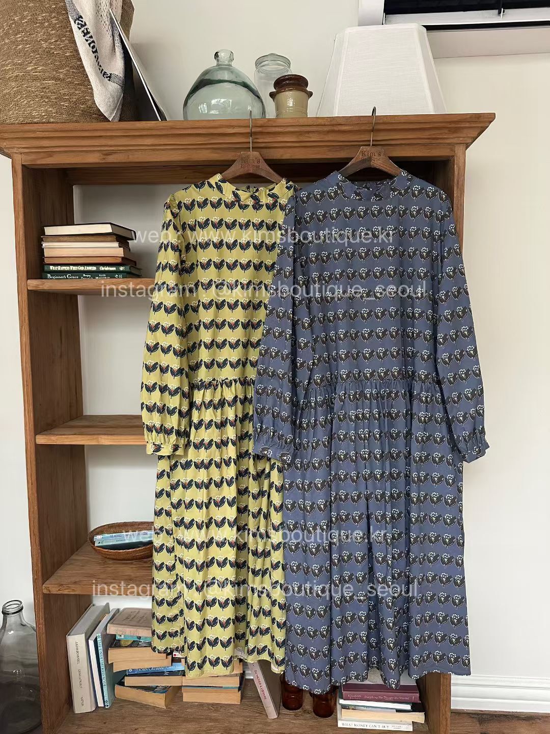 KM5008 花花圓領中長袖連身裙