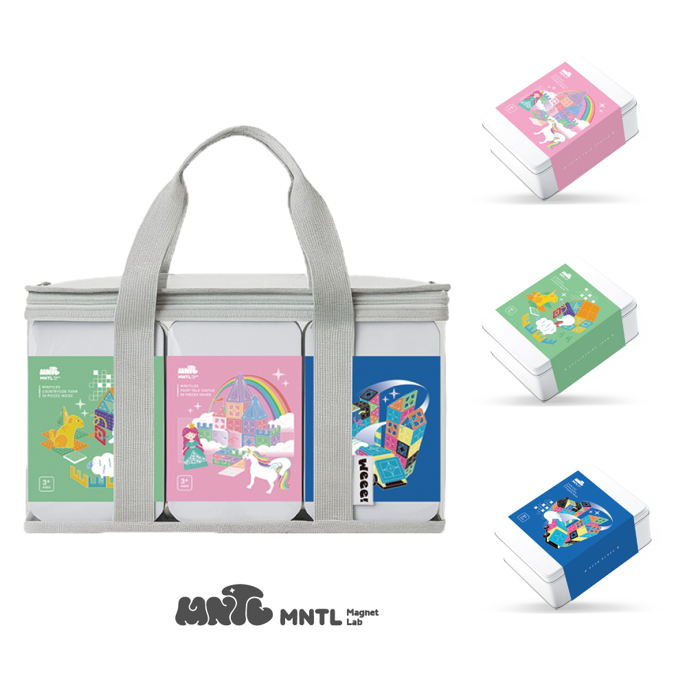 MNTL 旅行冒險三件組 隨身帶著走 磁力片鐵盒組  童話城堡50pcs 田園牧場50pcs 霓虹街區50pcs