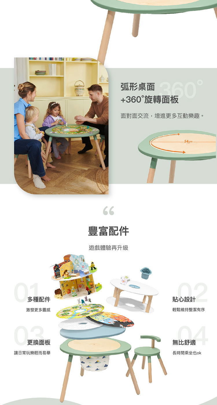 Stokke–MUTable 多功能兒童桌,可360度旋轉的桌面板,增進互動樂趣。