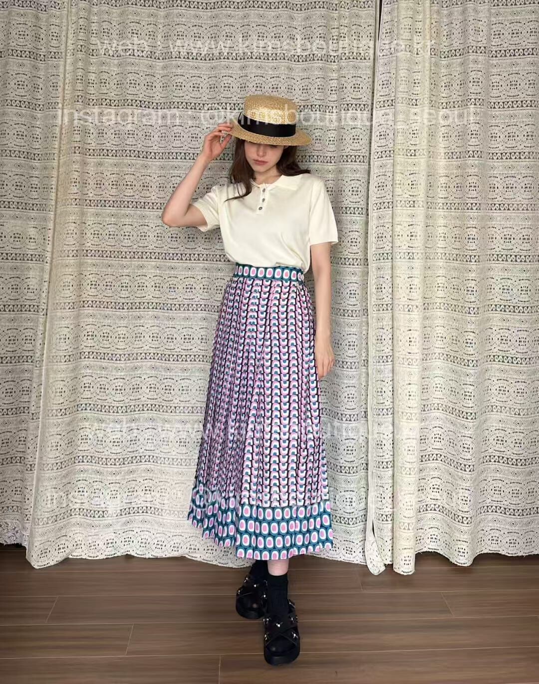 KM5004 高腰復古圈圈壓褶半身裙