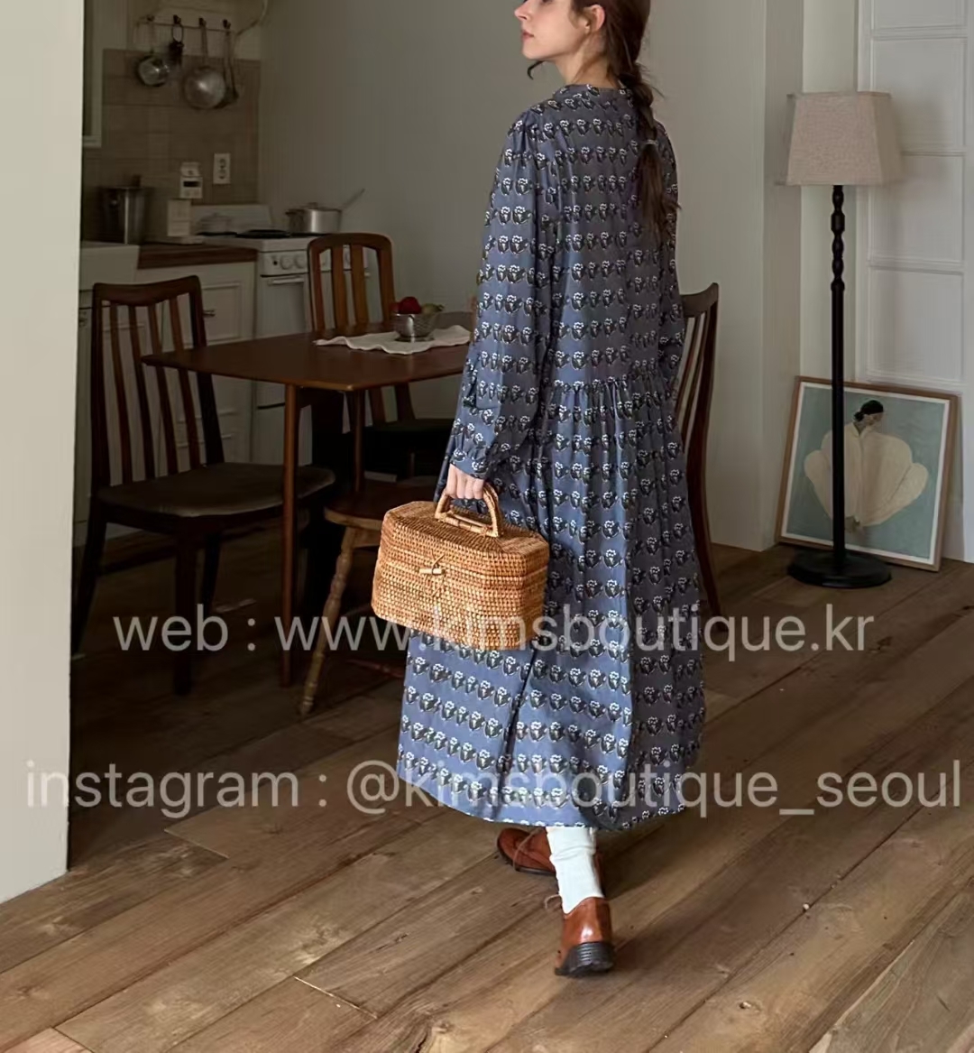 KM5008 花花圓領中長袖連身裙