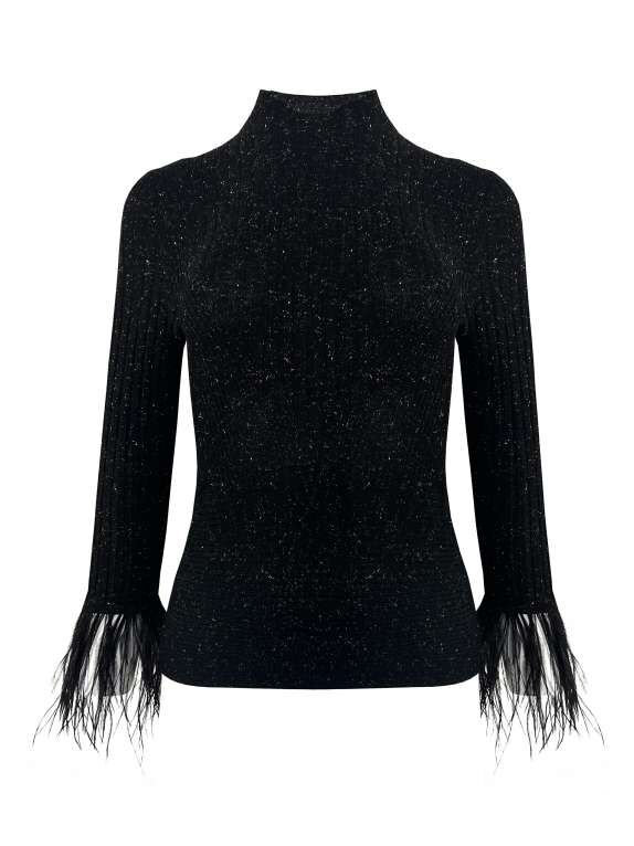 BB1AC238A1 星鑽小香袖口羽毛高領上衣