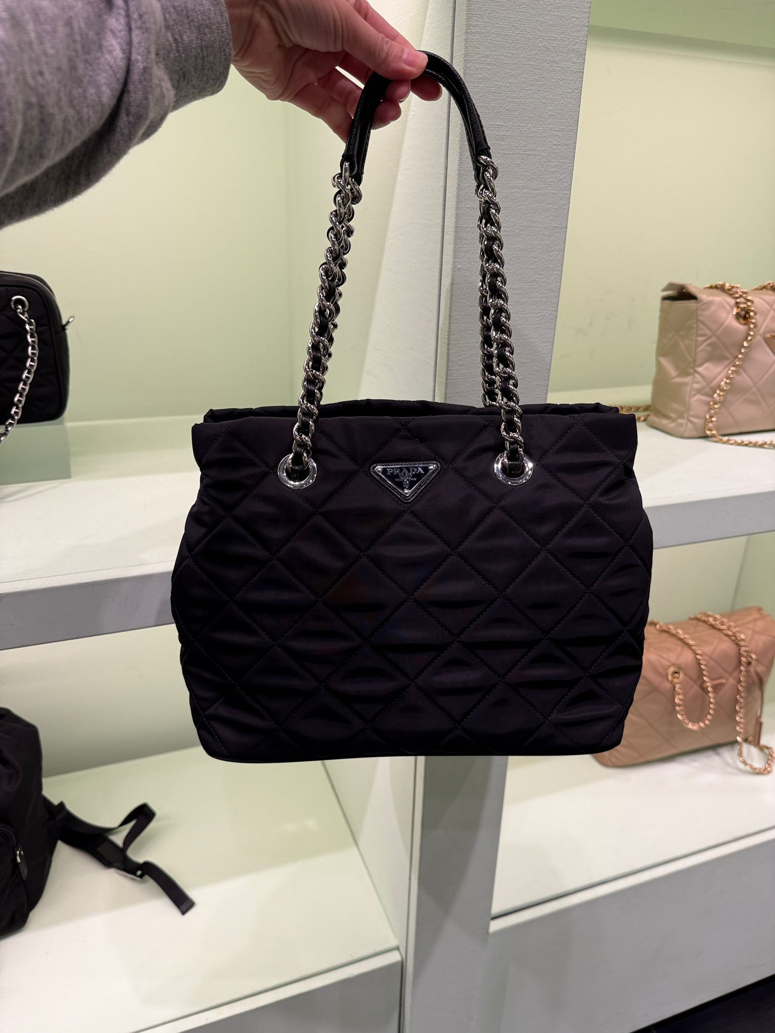 Prada Quilted Tessuto Chain Shoulder Bag Tote Black 1BG740