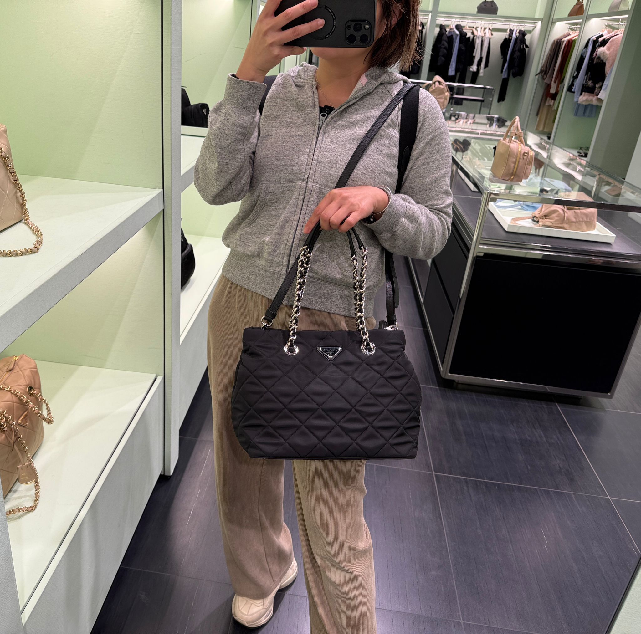 Prada Quilted Tessuto Chain Shoulder Bag Tote Black 1BG740