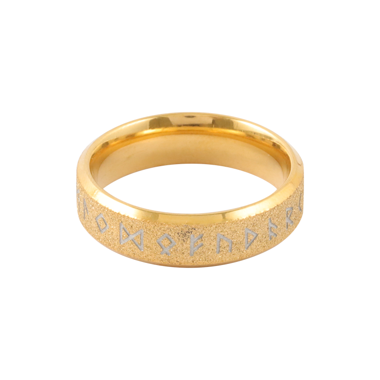 白鋼戒指，男士戒指 Elder Futhark古北歐符文；金砂環面 力量與榮耀的低語（4126金色窄款）