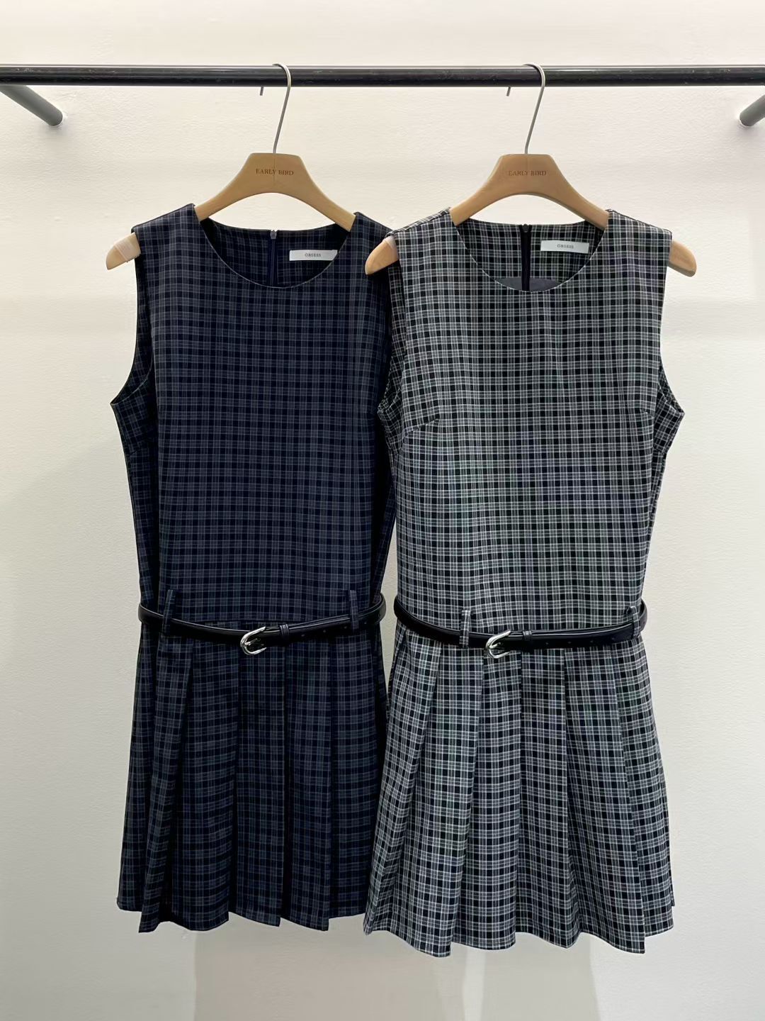 OB5015 附腰帶格仔百褶背心裙 *特價* (優惠碼同充值購物金不適用)