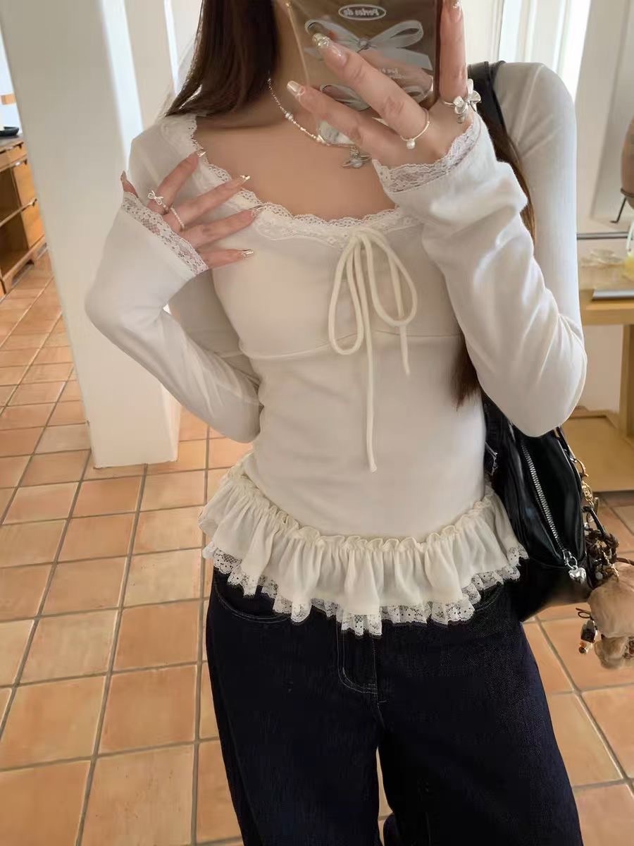 綁帶蕾絲滾邊 長袖上衣