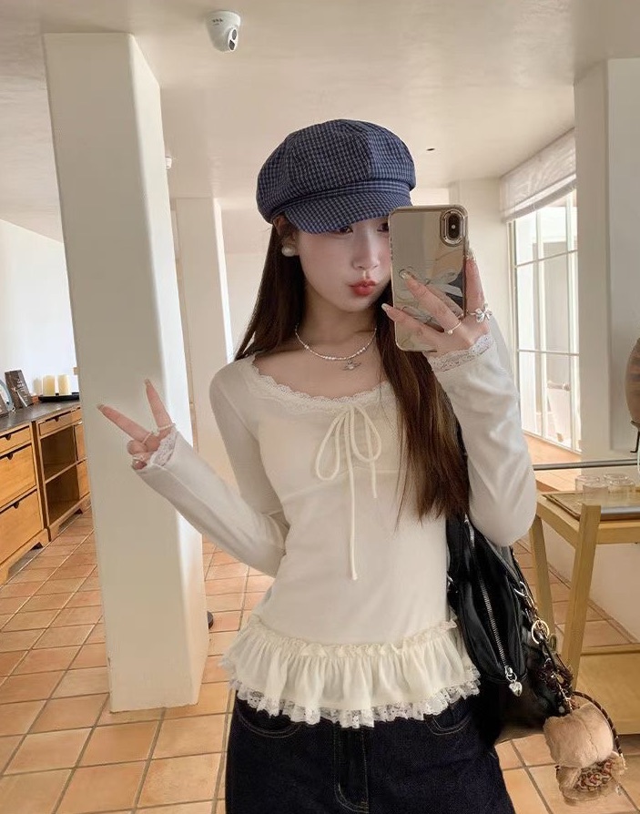 綁帶蕾絲滾邊 長袖上衣