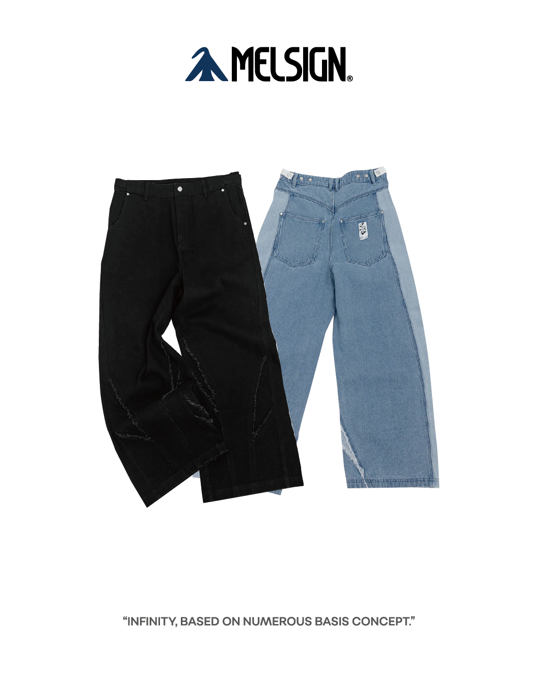 MELSIGN 直筒牛仔長褲 幾何補丁 黑/藍 25 S/S Frayed Panel Denim Jeans