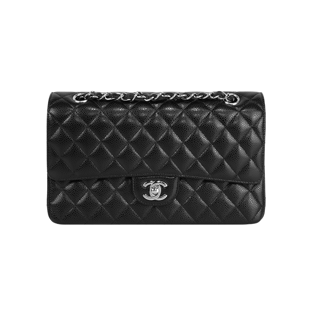 【CHANEL】銀釦菱格紋粒紋牛皮 25cm COCO包(黑色)