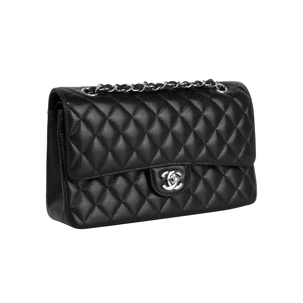 【CHANEL】銀釦菱格紋粒紋牛皮 25cm COCO包(黑色)