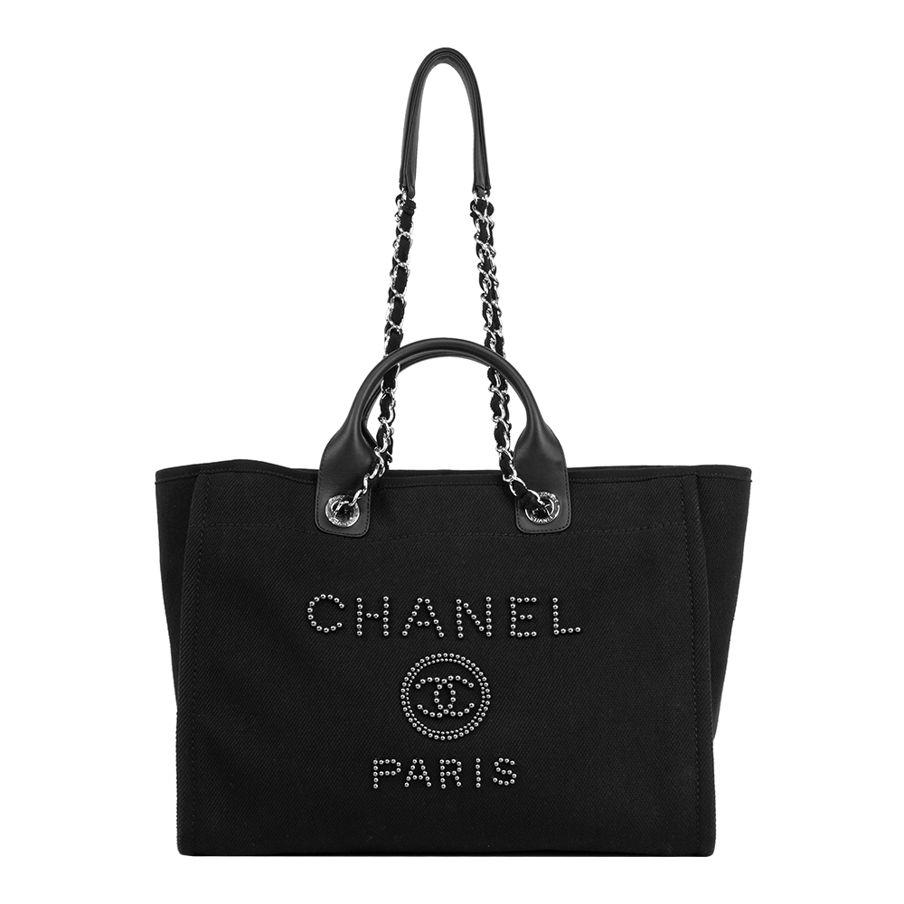 【CHANEL】黑珍珠標誌手提/肩背二用大款沙灘包/購物包(黑色)