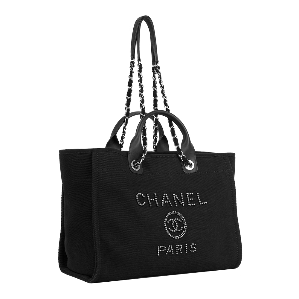 【CHANEL】黑珍珠標誌手提/肩背二用大款沙灘包/購物包(黑色)