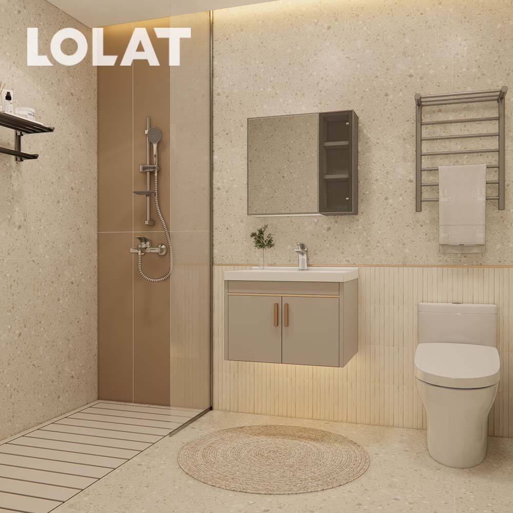 【一次到位５件組】LOLAT鏡櫃+浴櫃+臉盆龍頭+淋浴龍頭+升降桿