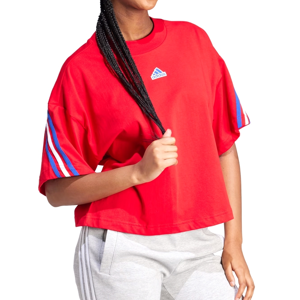 ADIDAS 短T W FI 3S TEE 紅色 藍白條紋 短版 上衣 女 IR9136