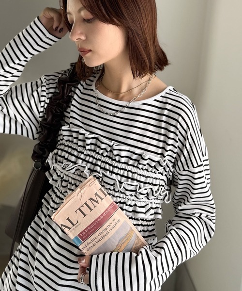 日本🇯🇵連線 Classical Elf 荷葉邊腰帶套裝針織上衣 腰帶可拆 荷葉邊 針織 條紋 寬鬆 休閒 長袖 套裝 多層次 5色 (任買兩件711免運)/預購