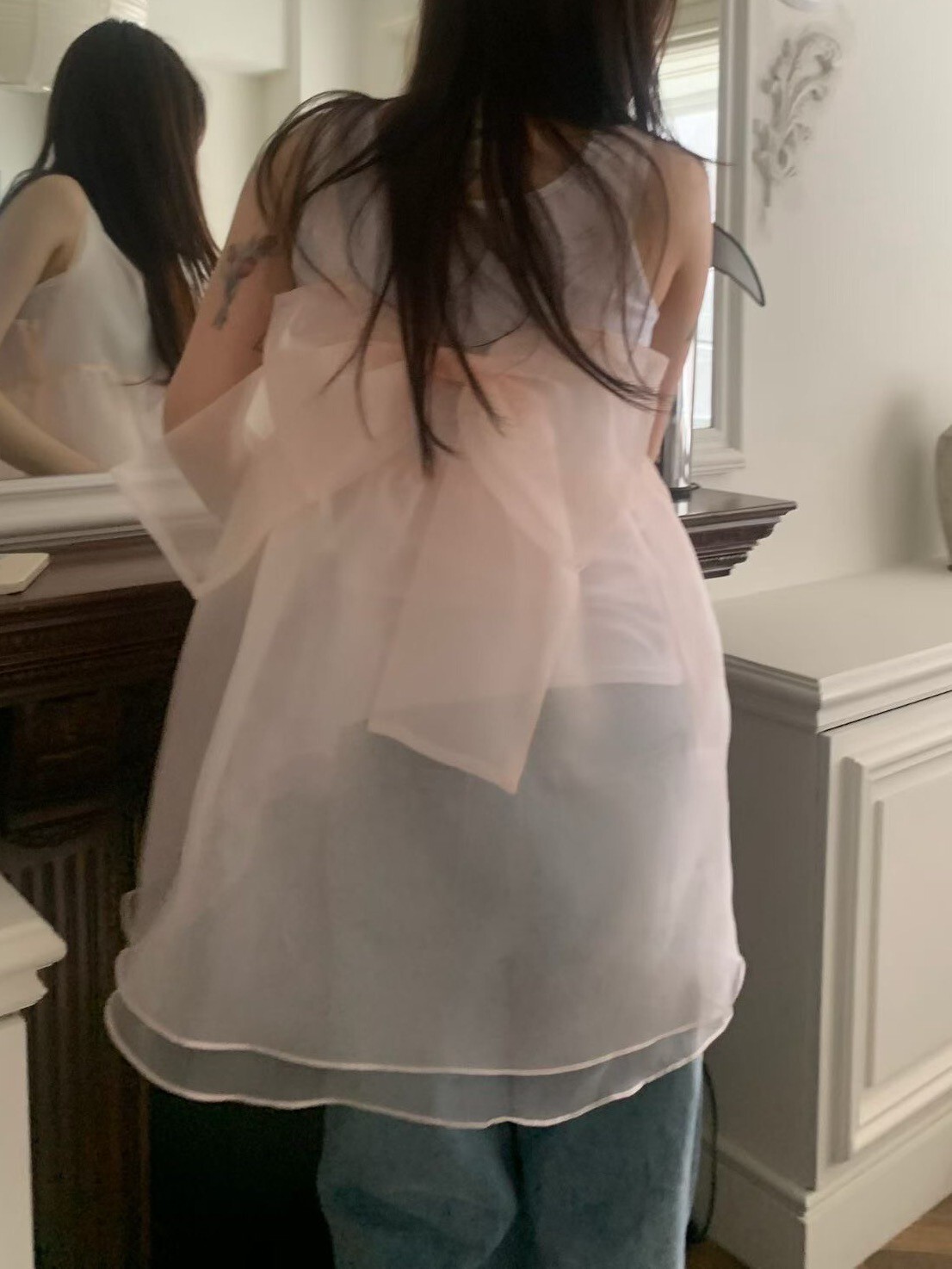 後綁結烏干紗透膚背心洋