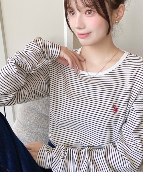 日本🇯🇵連線 Moment+ x U.S. POLO ASSN. 細細線條刺繡長袖T恤 刺繡 線條 條紋 休閒 長袖 T恤 4色(任買兩件711免運)/預購