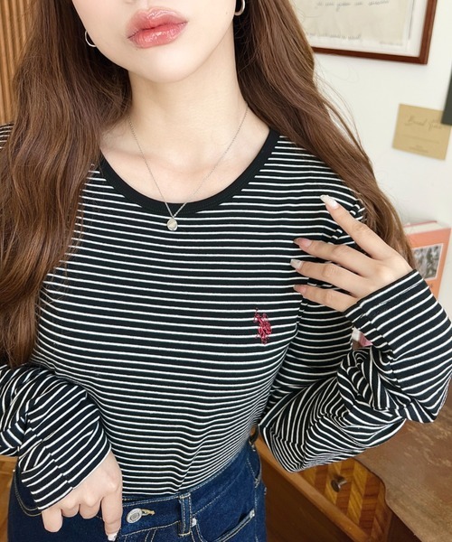 日本🇯🇵連線 Moment+ x U.S. POLO ASSN. 細細線條刺繡長袖T恤 刺繡 線條 條紋 休閒 長袖 T恤 4色(任買兩件711免運)/預購