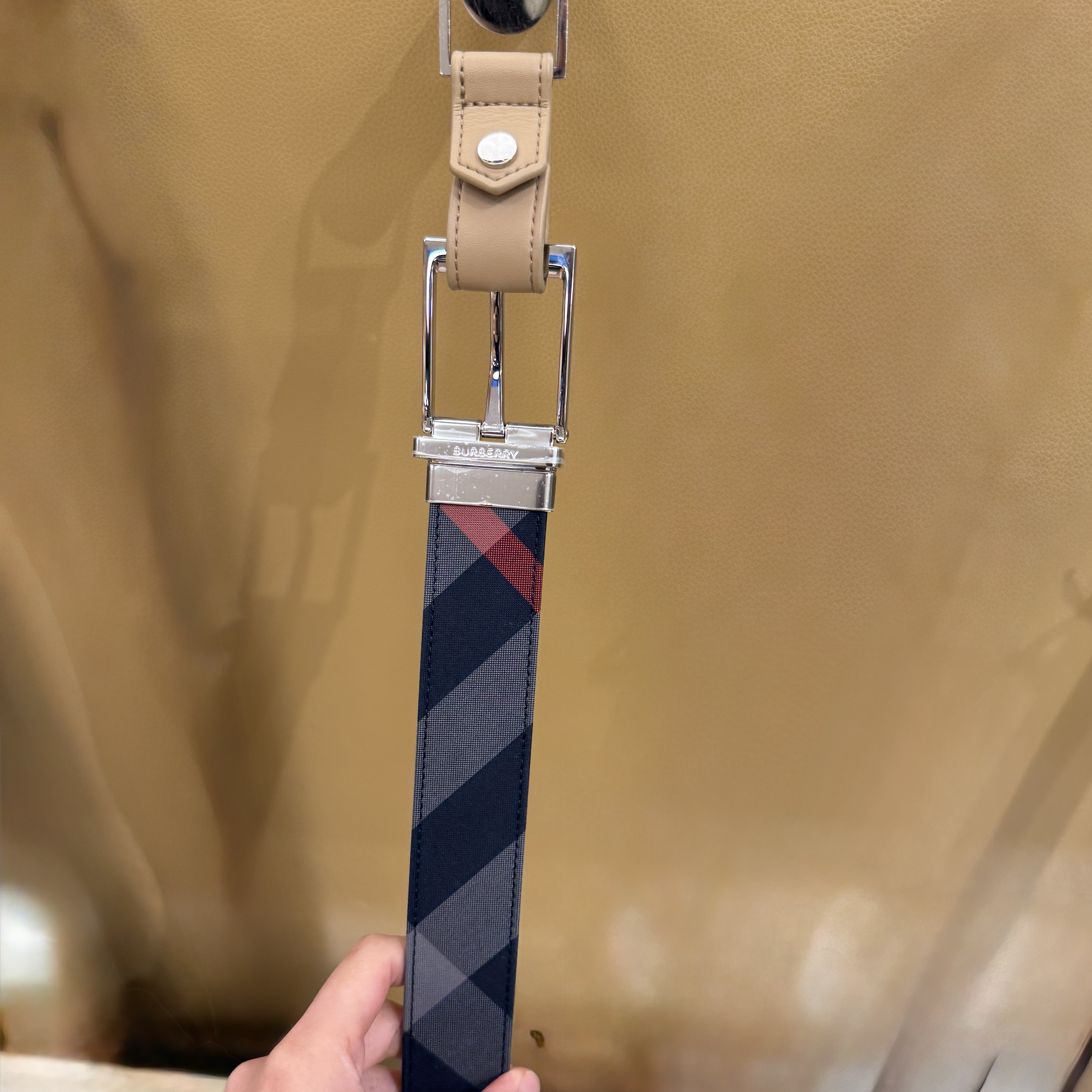 Burberry men check reversible belt navy x black