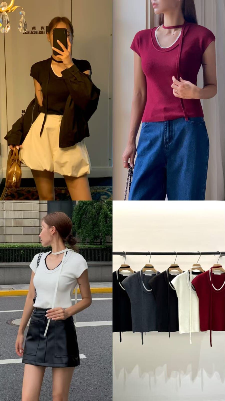 OB4602 10%羊毛U領綁帶撞色邊上衣