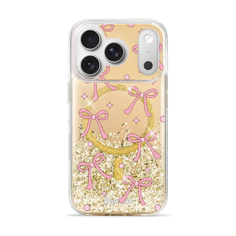 可愛韓風蝴蝶結緞帶 (MagSafe磁吸) 閃耀金鏡面殼 - (訂製名字) iPhone客製化手機殼