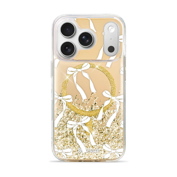 白色蝴蝶結緞帶 (MagSafe磁吸) 閃耀金鏡面殼 - (訂製名字) iPhone客製化手機殼