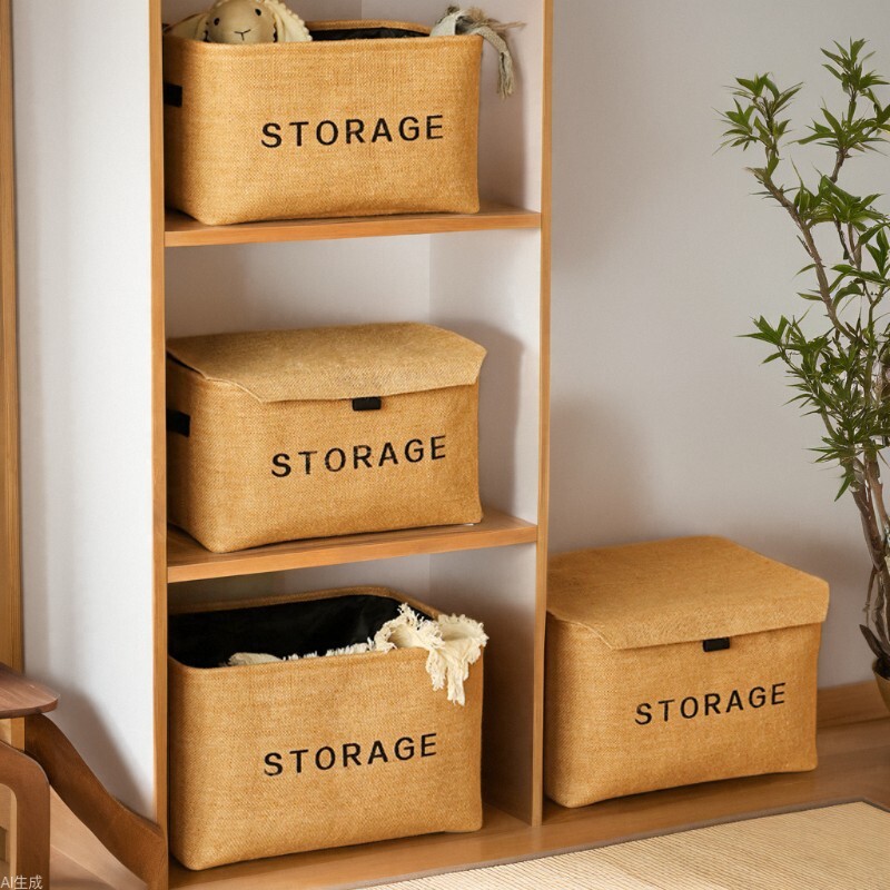 《6237》黃棉麻字母帶蓋可摺疊收納籃