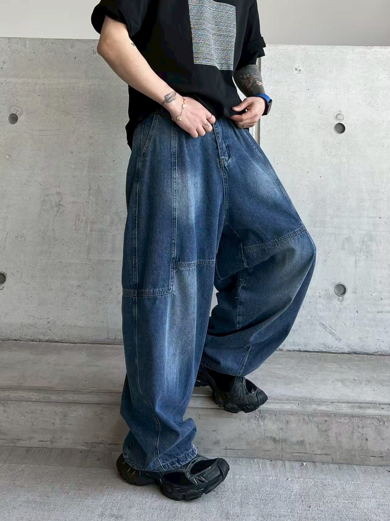 XCTRL 方形剪裁寬版牛仔褲-藍