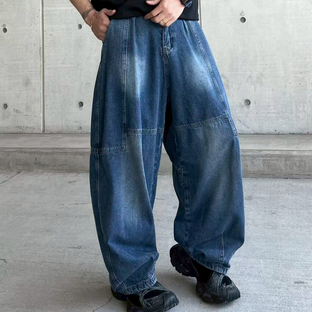 XCTRL 方形剪裁寬版牛仔褲-藍