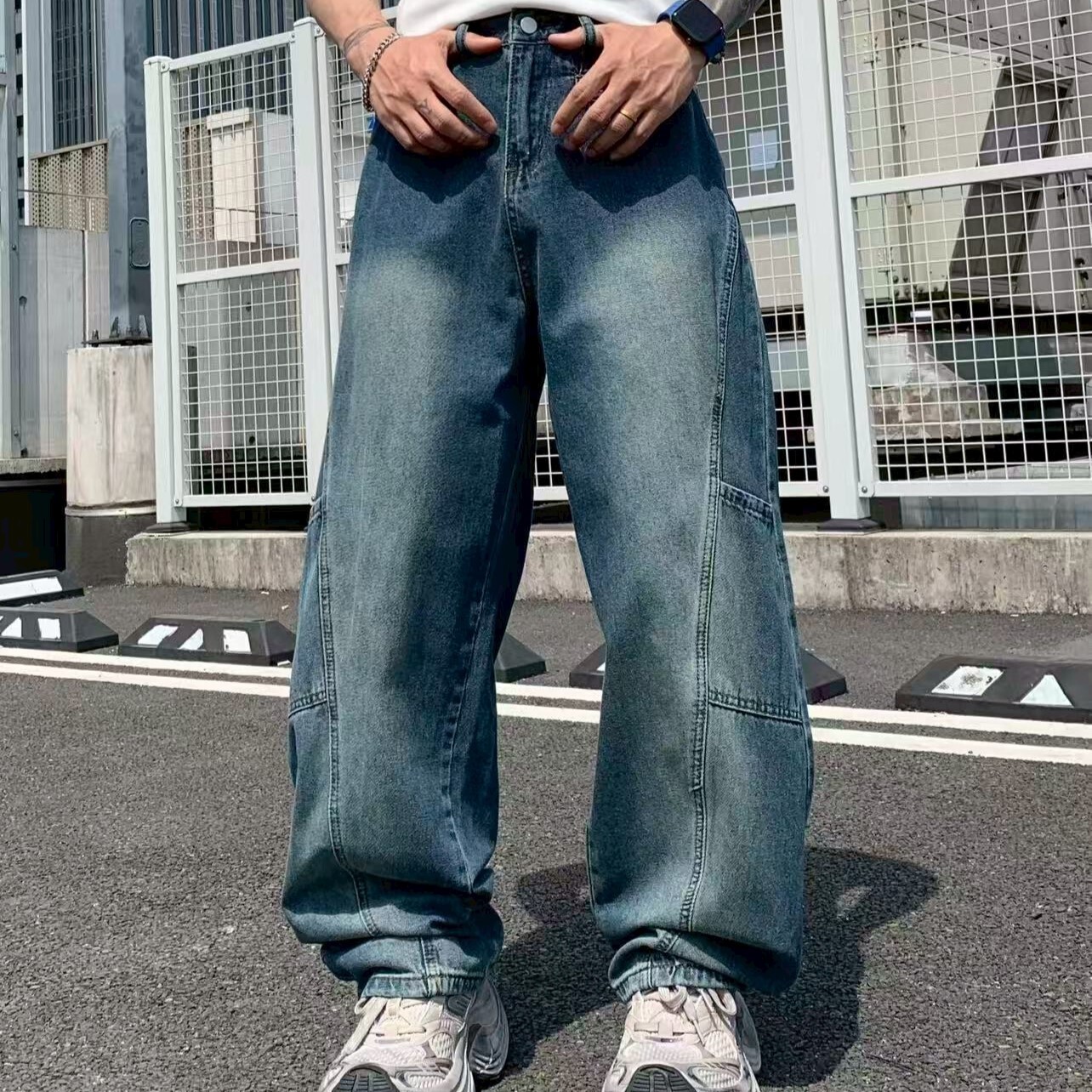 XCTRL 平口袋鬆緊寬版牛仔褲-藍