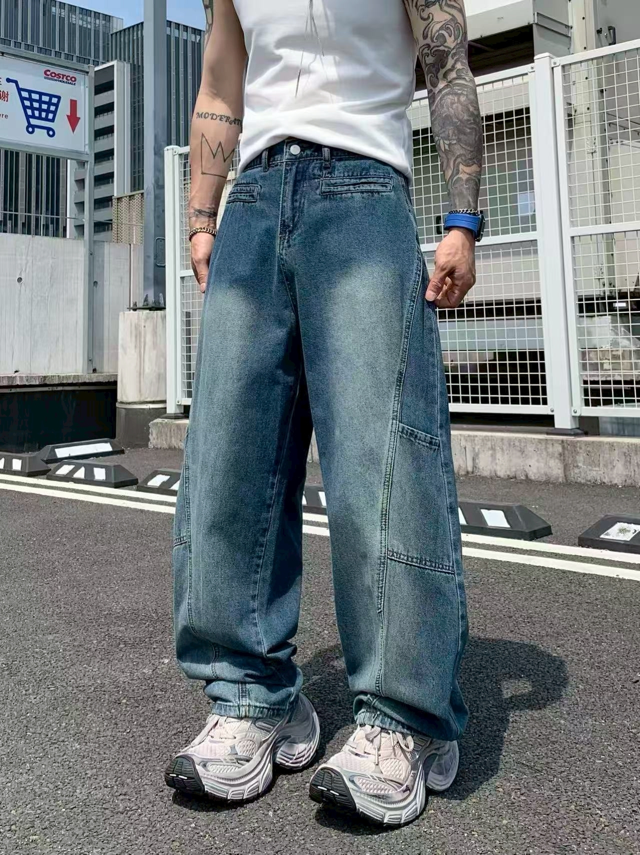 XCTRL 平口袋鬆緊寬版牛仔褲-藍