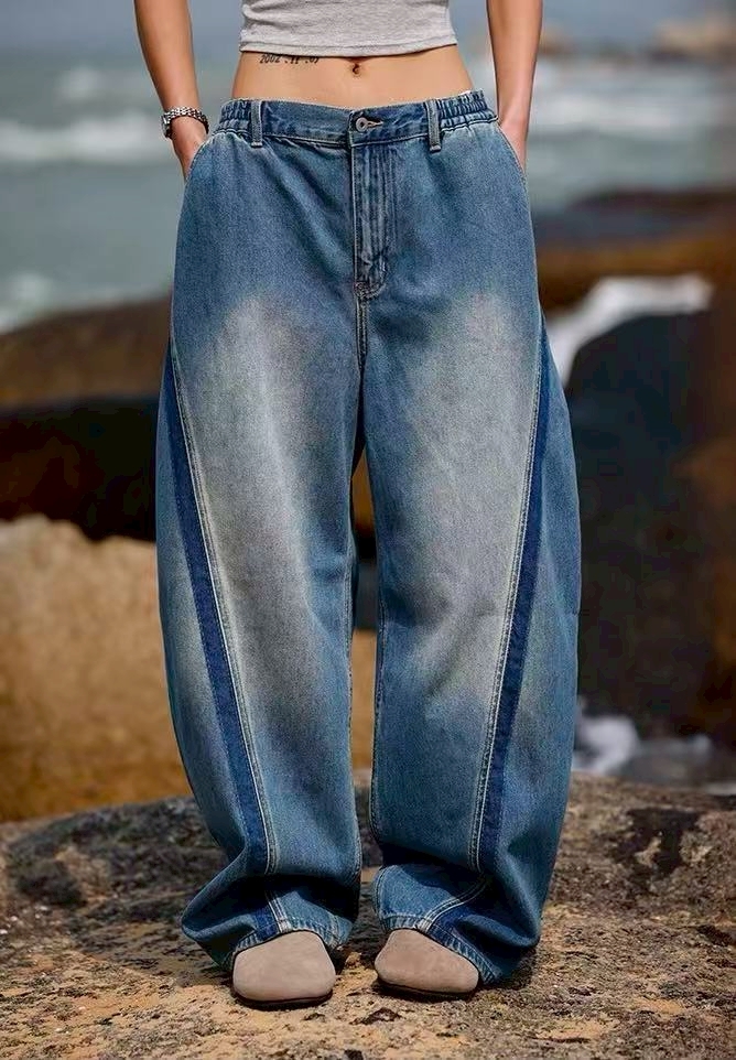 XCTRL 斜拼接彎刀牛仔褲-藍