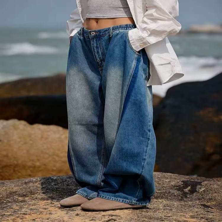 XCTRL 斜拼接彎刀牛仔褲-藍