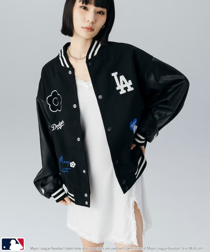 日本 MLB X MARY QUANT 限定聯名款 花花 皮革 拼接 棒球外套
