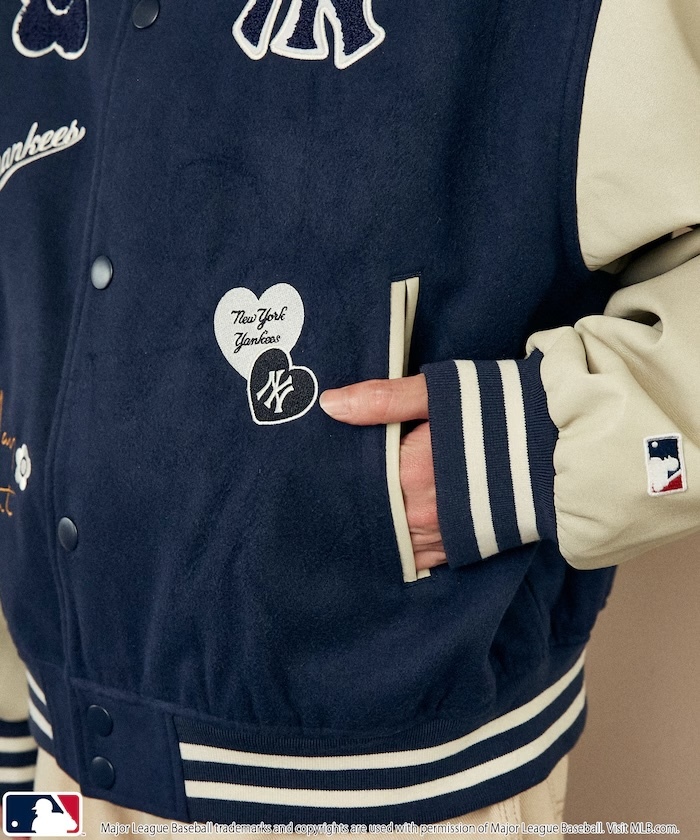 日本MLB X MARY QUANT 限定聯名款花花皮革拼接棒球外套