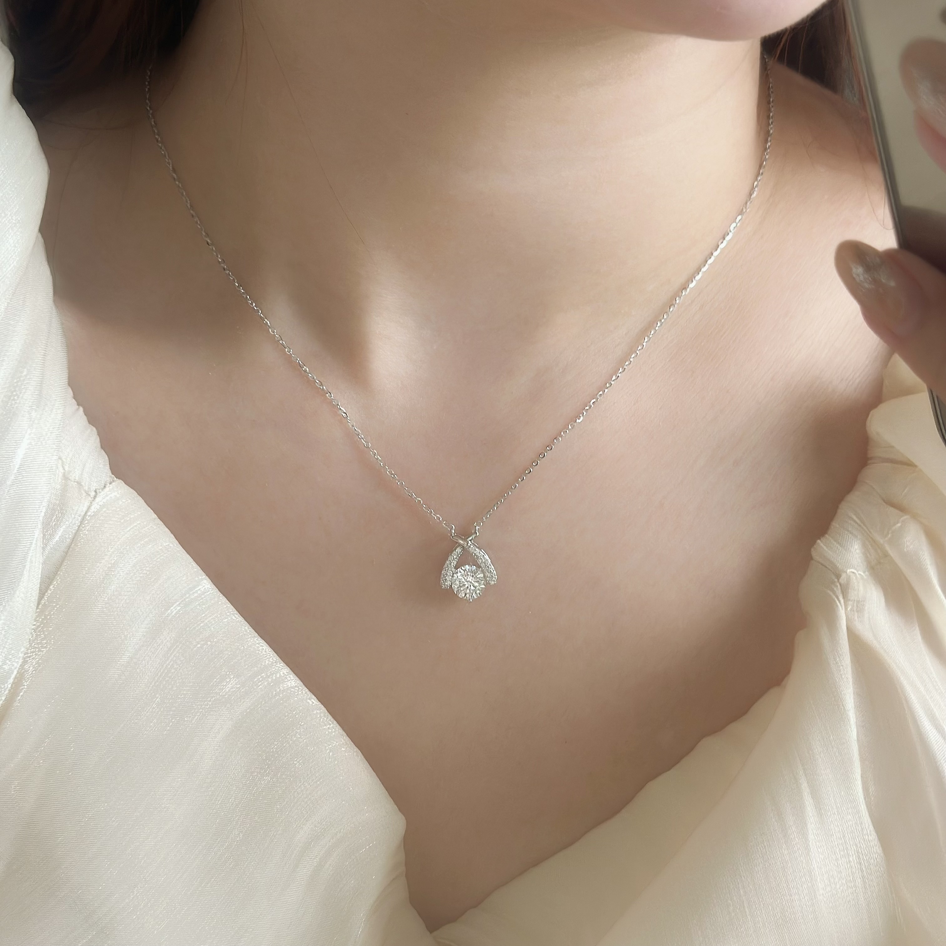 G122【輕奢】排鑽交叉莫桑單鑽純銀鎖骨鏈