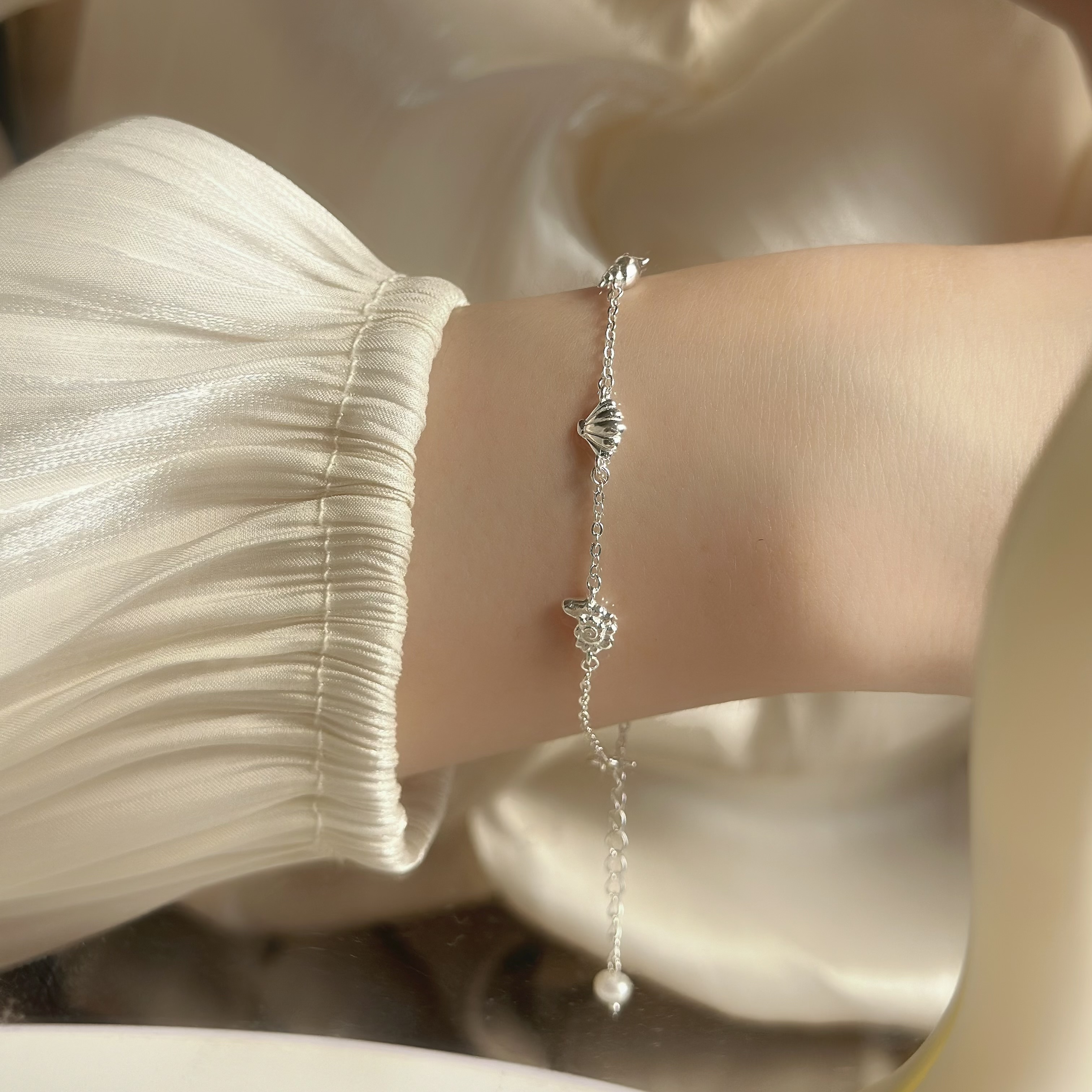 Y138海洋貝殼蝴蝶結純銀手鍊