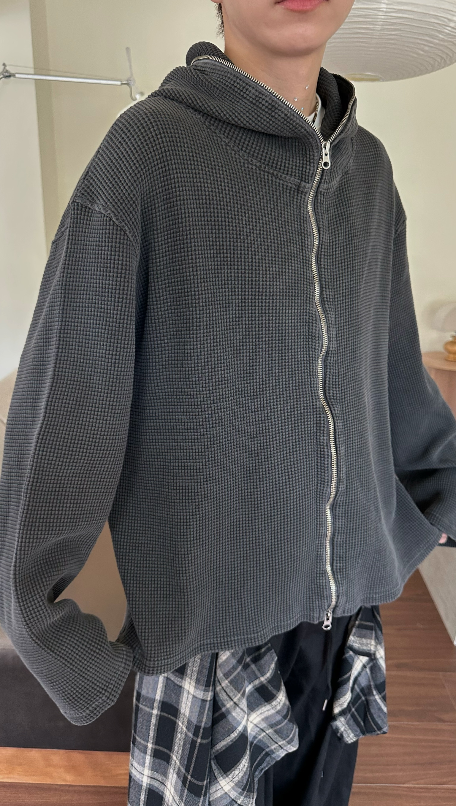 洗舊重磅華夫格連帽夾克