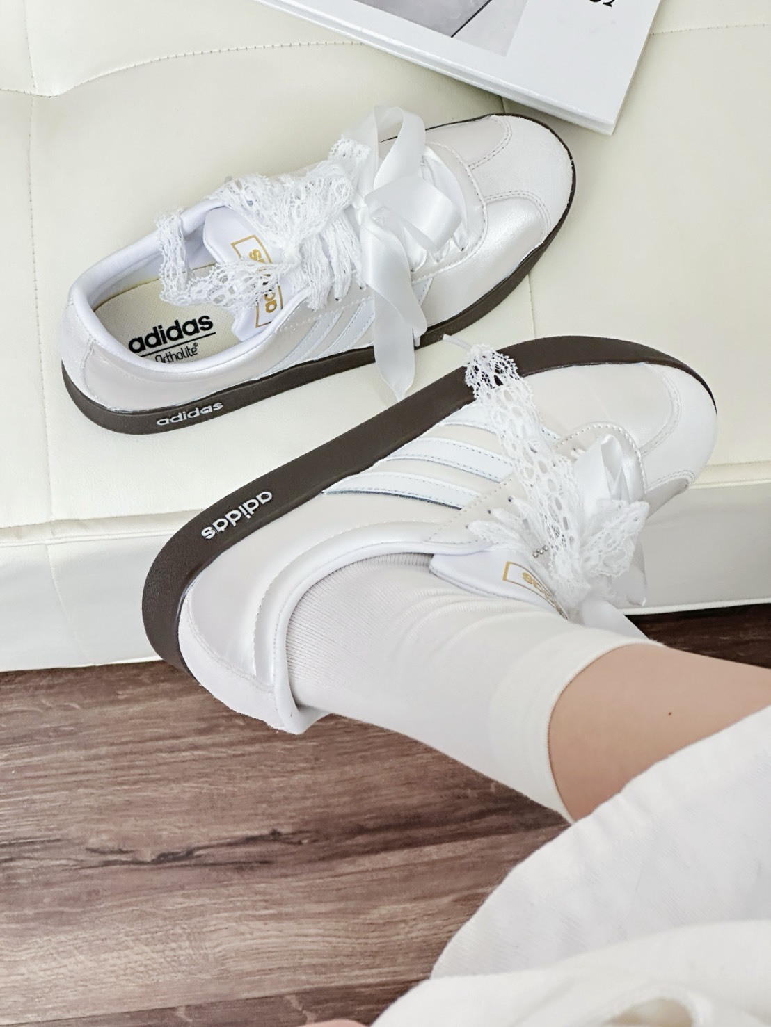 <特殊訂製款>ADIDAS NEO COURT VL 蝴蝶結 蕾絲 白銀