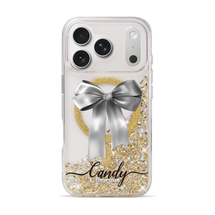 蝴蝶結緞帶(灰) 香檳金貝拉殼 (MagSafe) - (訂製名字) iPhone客製化手機殼