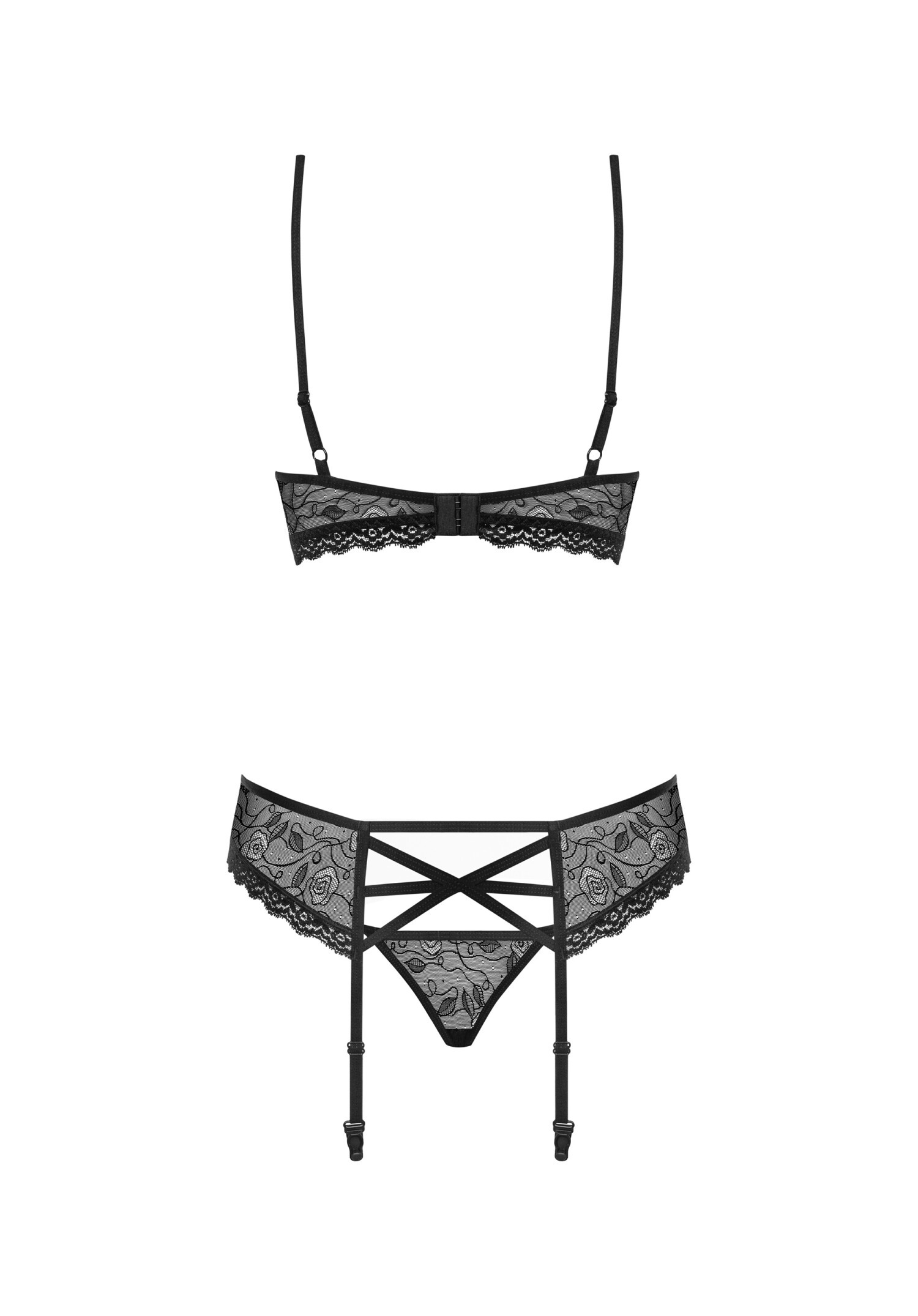 Obsessive - 818-SEG-1 玫瑰葉紋束帶情趣內衣3件套 (S/M/L/XL)